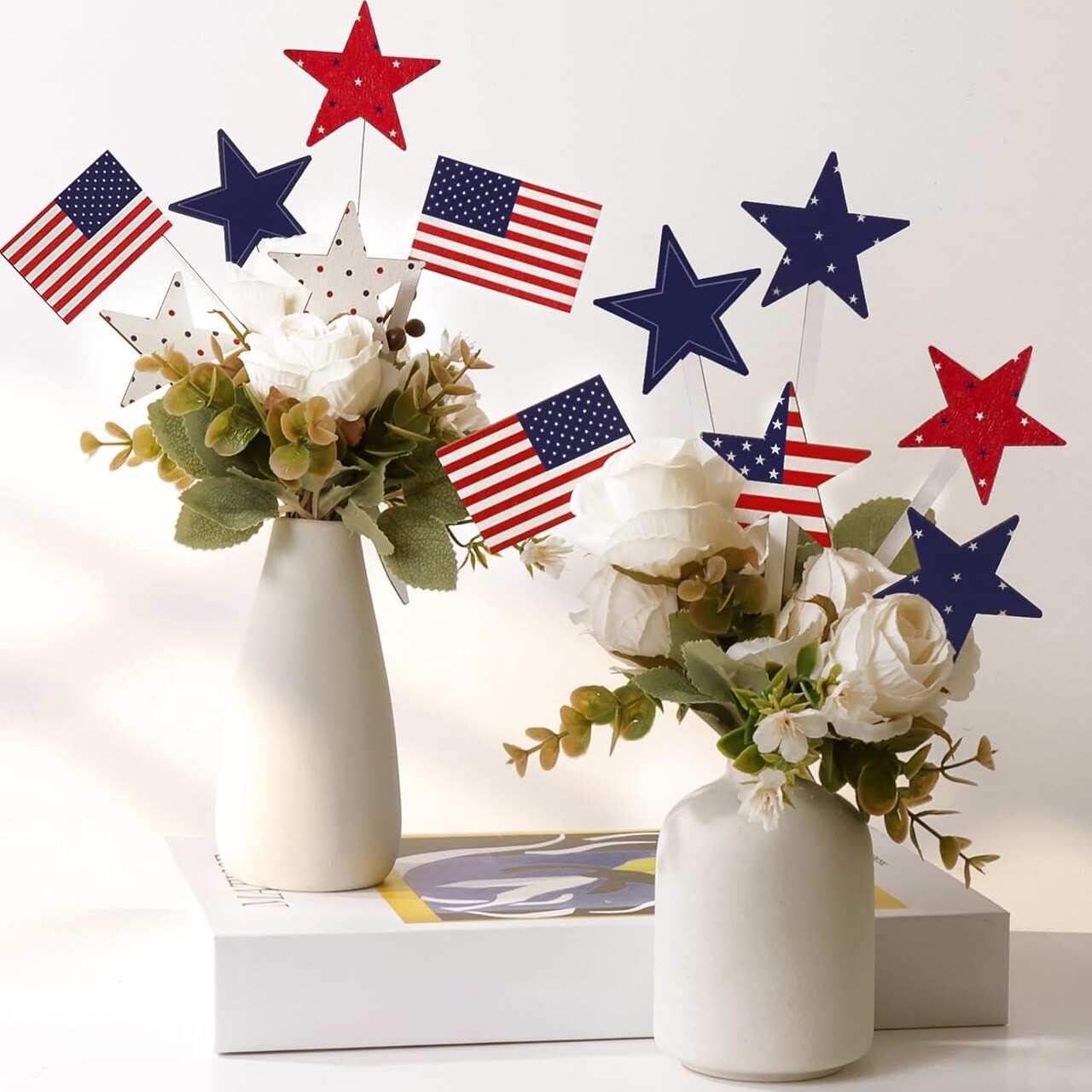 4th of July Decorations, 12Pcs Patriotic Decorations American Flag Red White Blue Stars, Fourth of July Wooden Star Picks for Patriotic Wreath Table Centerpieces Decoration